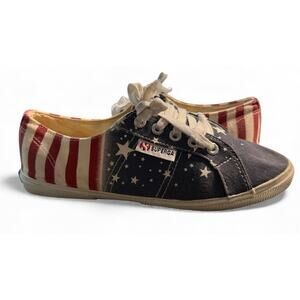 Superga Stars & Stripes Canvas Sneakers, Patriotic Flag Print Shoes, Women's 6